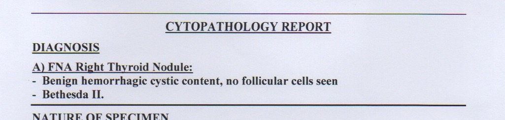 Cytology Report of a Thyroid Nodule showing a Bethesda II lesion